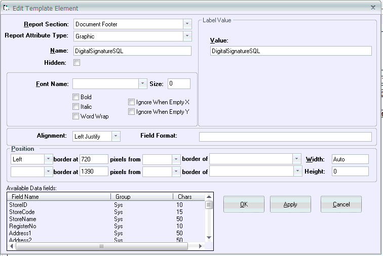 Example invoice form setup for printing Digital Signature.